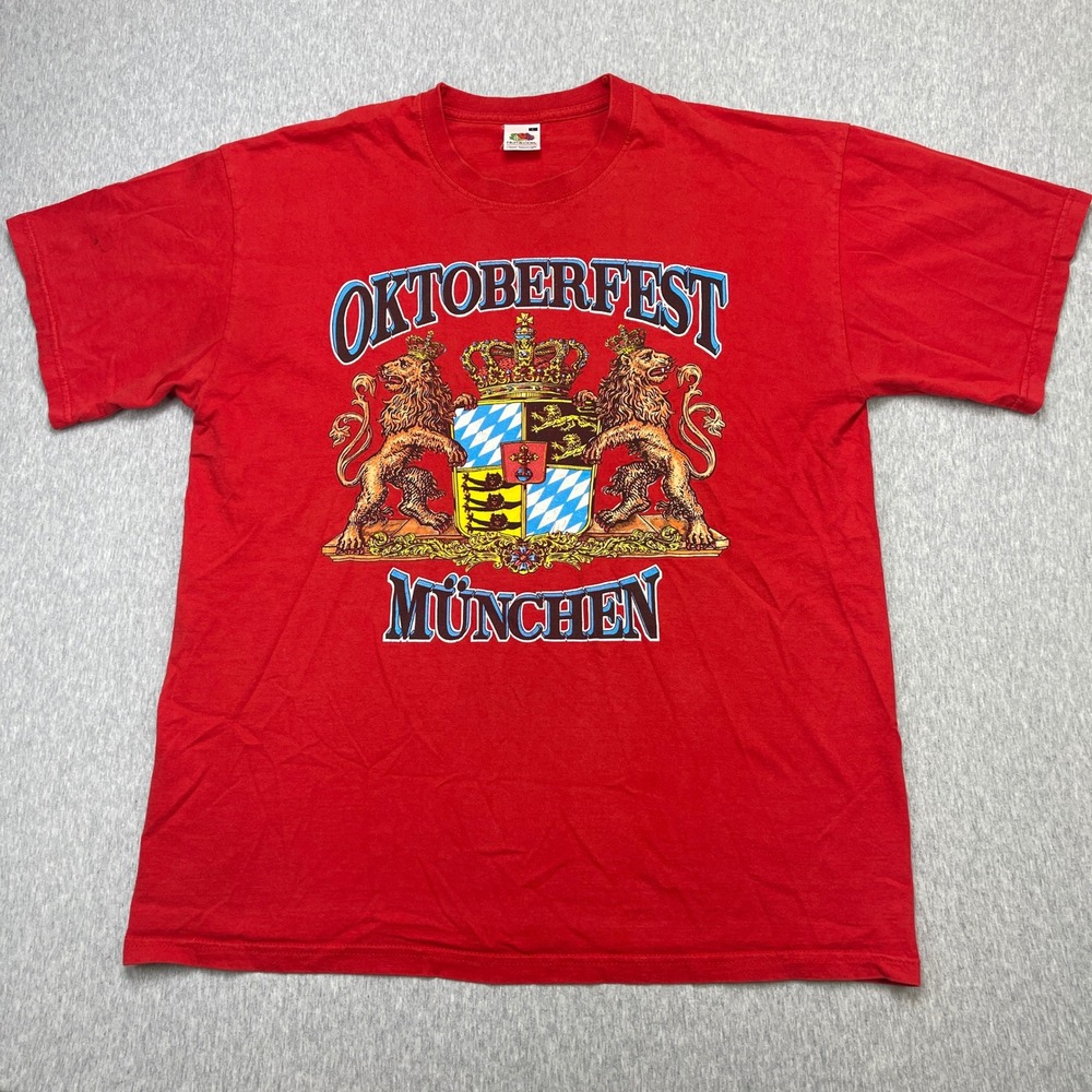 Fruit of the Loom Oktoberfest Munchen T-Shirt Red Graphic Lion Crest Mens L - Picture 3 of 9